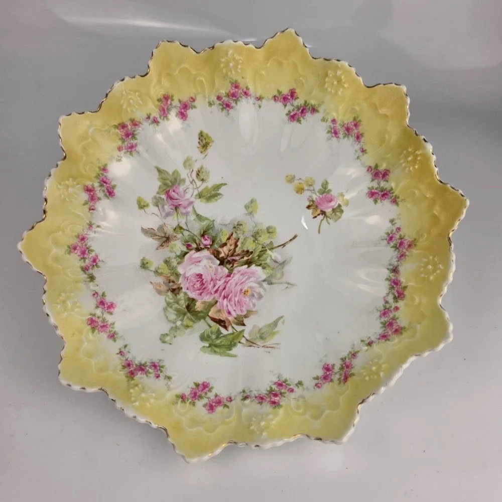 Antique Austria STAR Porcelain Bowl Yellow Rose Scalloped‎ Embossed Gold Gilt
